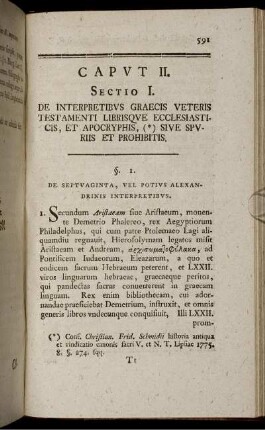 Caput II. Sectio I. De Interpretibus Graecis Veteris Testamenti Librisque Ecclesiasticis, Et Apocryphis, (*) Sive Spuriis Et Prohibitis.