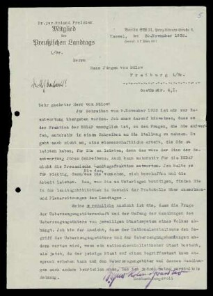 Brief von Roland Freisler an Hans-Jürgen von Bülow vom 30.11.1932