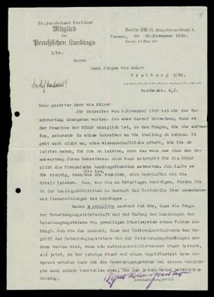 Brief von Roland Freisler an Hans-Jürgen von Bülow vom 30.11.1932