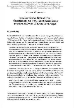 Sprache zwischen Ost und West. Überlegungen zur Wortschatzdifferenzierung zwischen BRD und DDR und ihre Folgen