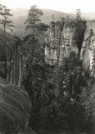 Elbsandsteingebirge. Polenztal. Gautschgrotte und Großer Halben. Blick gegen Wartenberg