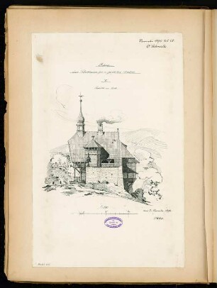 Pirschhaus Monatskonkurrenz November 1890: Aufriss Ansicht von Norden 1:100; Maßstabsleiste