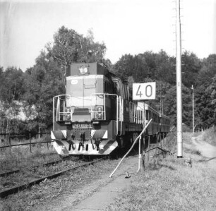 Tschechien. Bahnstrecke Liberec–Kořenov. Einfahrender Zug der Zahnradbahn mit Triebfahrzeug 743008-5. Ansicht von vorn