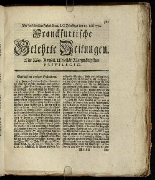 Num. LXI. Dienstags den 28. Julii 1750 - Num. LXX. Freytags den 28. Augusti. 1750