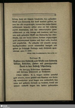 Beilage III. Bastian von Selmnitz und Wolfs von Selmnitz Witwe, Felicitas, ziehen mit gewappneter Hand in das Schloß Vitzenburg