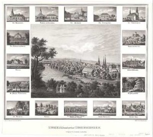 Ansichten von Zwickau und Umgebung, Lithographie, um 1850 : Zwickau und seine Umgebungen / nach der Natur gez. u. lith. v. Gustav Täubert. - Zwickau : H. Laurentius ; Dresden : Louis Zöllner , [um 1850]. - 17 Ansichten auf 1 Kunstblatt : Lithogr. ; Gesamtgr. 46 x 37 cm