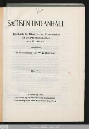 1.1925: Sachsen und Anhalt : Jahrbuch der Historischen Kommission für Sachsen-Anhalt