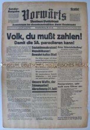 Sonderausgabe des "Vorwärts" zur Reichstagswahl im Juli 1932