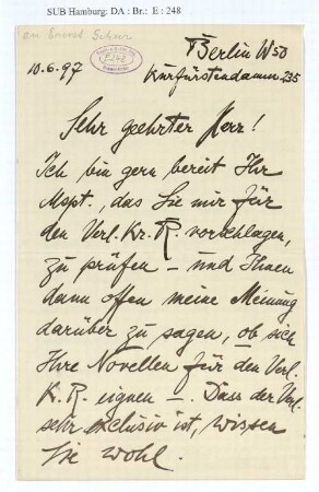 Brief an Ernst Schur