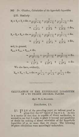 Calculation of the hyperbolic logarithm of ... to thirty decimal places.