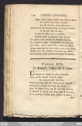 Fable XVI. Le Renard, l'Ane, & le Lion.