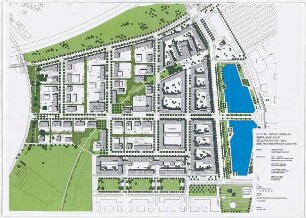 Hansjakob, Gottfried; München - Riem; Neue Messe München, Messestadt Riem - Gestaltungsplan Gewerbegebiet Nordwest, Bebauungsplan mit Grünordnung Nr. 1728, Entwurf (Lageplan)