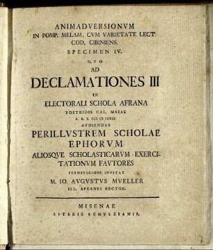Spec. 4: Animadversionum In Pomp. Melam, Cum Varietate Lect. Cod. Cibiniens. Specimen IV..