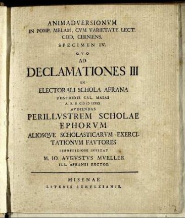 Spec. 4: Animadversionum In Pomp. Melam, Cum Varietate Lect. Cod. Cibiniens. Specimen IV..