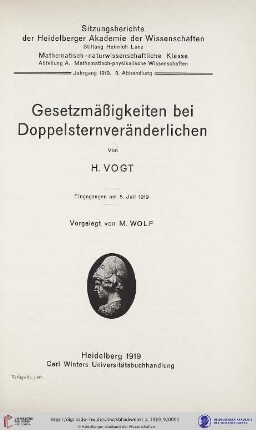 1919, 9. Abhandlung: Sitzungsberichte der Heidelberger Akademie der Wissenschaften, Mathematisch-Naturwissenschaftliche Klasse: Abteilung A, Mathematisch-physikalische Wissenschaften: Gesetzmäßigkeiten bei Doppelsternveränderungen