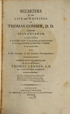 Memoirs of the life and writings of Thomas Comber