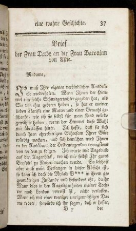 Brief der Frau Derby an die Frau Baroninn von Astie. - Brief der Frau Derby an Clarissen.
