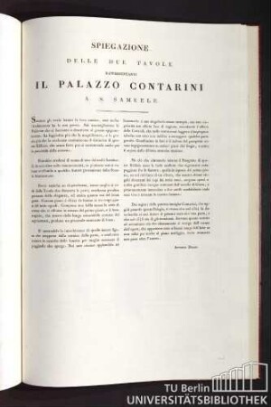 Spiegazione delle due tavole rappresentanti il Palazzo Contarini a S. Samuele