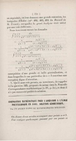 Composition mathématique pour l'admission a l'école polytechnique en 1882. Solution géométrique.