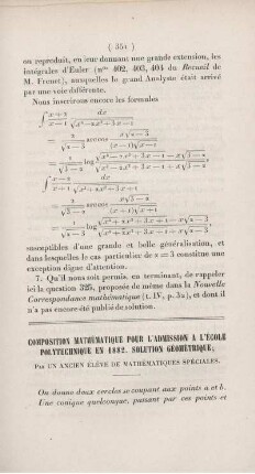 Composition mathématique pour l'admission a l'école polytechnique en 1882. Solution géométrique.