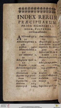 Index rerum praecipurarum prior numerus librum, posterior versum ostendit
