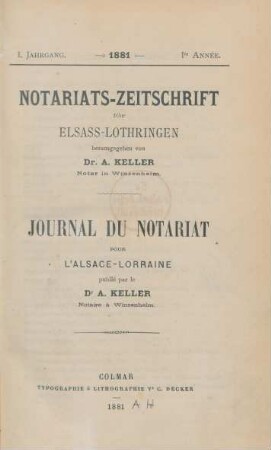 1.1881: Notariats-Zeitschrift für Elsass-Lothringen