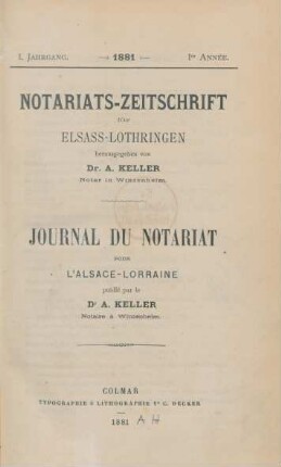 1.1881: Notariats-Zeitschrift für Elsass-Lothringen