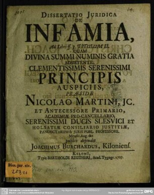 Dissertatio Iuridica De Infamia : Ad Libri ff. 3. Titulum II.