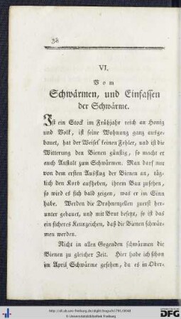 VI. Vom Schwärmen und Einsassen der Schwärme.