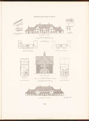 Betriebszentrale, Berlin-Buch: Grundriss EG, 1.OG, Ansicht von Norden, Ansicht von Süden, Details Maschinenhaus, Grundriss EG, 1.OG, Ansicht von Norden Backhaus (aus: Neubauten der Stadt Berlin, Bd. V, 1907)