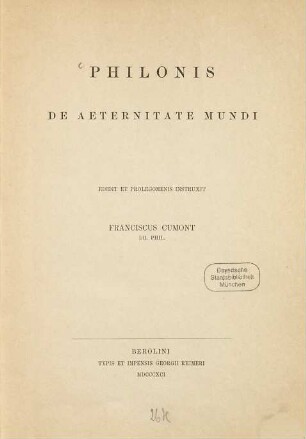 Philonis De aeternitate mundi