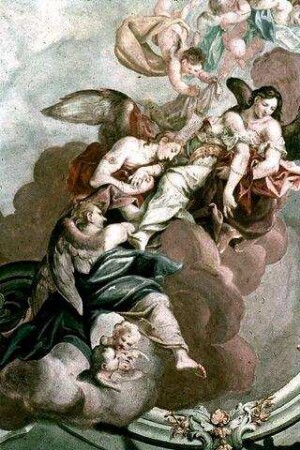 Der Leichnam der heiligen Katherina wird von Engeln zum Berg Sinai getragen