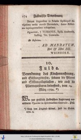 10. Bischöflich-Fuldaische Verordnung das Kirchenrechnung und Stiftungswesen etc. betreffend, den 24. März 1781.