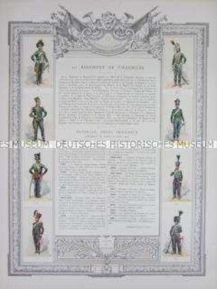 Uniformdarstellung, Rüstungen und Uniformen von Soldaten des 13. Jäger-Regiments zu Pferde und Zeittafel von Schlachten und Belagerungen mit Beteiligung dieses Regiments bzw. seiner Vorläufer, Frankreich, 1793-1881.