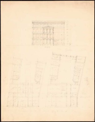 4-geschossiges Haus mit Hof, zwei Flügeln und Garten: Grundriss Erdgeschoss, Obergeschoss; Aufriss Straßenseite; Maßstabsleiste