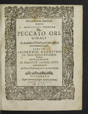 Articulorum Smalcaldicorum Disputatio Undecima De Peccato Originali