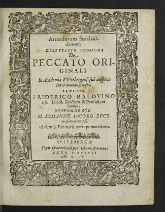 Articulorum Smalcaldicorum Disputatio Undecima De Peccato Originali