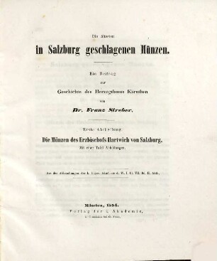 Die ältesten in Salzburg geschlagenen Münzen : ein Beitrag zur Geschichte des Herzogthums Kärnthen, 1. Die Münzen des Erzbischofs Hartwich von Salzburg