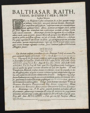 Balthasar Raith, Theol. D. Ejusd. Et Heb. L. Prof. Lectori Salutem