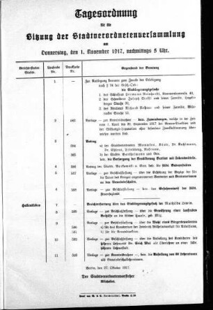 Anlage: Tagesordnung für die Sitzung, 27. Oktober 1917