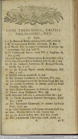 Libri Theologici, Critici, Philologici, Cet.