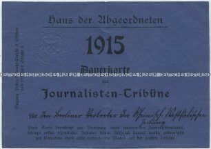 Einlasskarte des Preußischen Abgeordnetenhauses für einen Journalisten der Rheinisch-Westfälischen Zeitung
