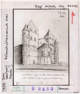 Trier, Dom: Westfront, Rekonstruktionsversuch eines Planes I. Skizze Wolfgang Schöne 1962