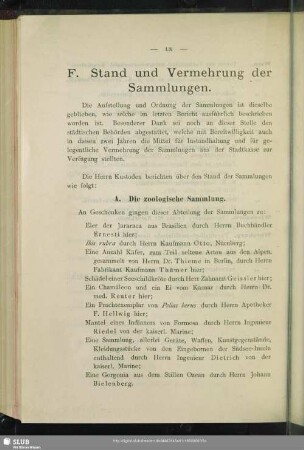 F. Stand und Vermehrung der Sammlungen