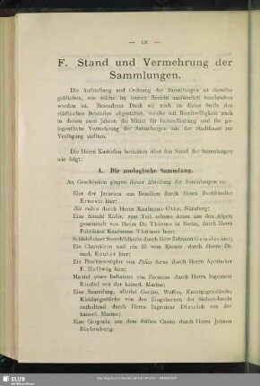 F. Stand und Vermehrung der Sammlungen