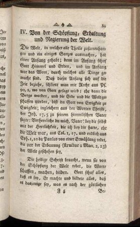 IV. Von der Schöpfung, Erhaltung und Regierung der Welt.