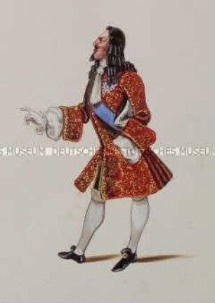 Mann mit schwarzer Lockenperücke und besticktem roten Mantel - Tafel aus Franceschini/Kostümbilder (Kassette 1)