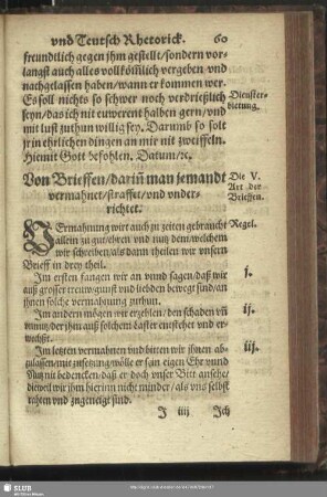 Die V. Art der Brieffen. Von Brieffen, darin[n] man jemandt vermahnet, straffet, und underrichtet