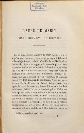 L'Abbé de Mably moraliste et politique