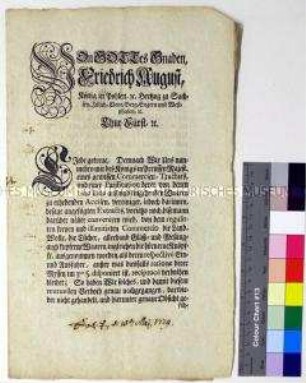Mandat von Friedrich August I. Kurfürst von Sachsen betreffend den Abschluss von Handelsvereinbarungen mit Brandenburg-Preußen